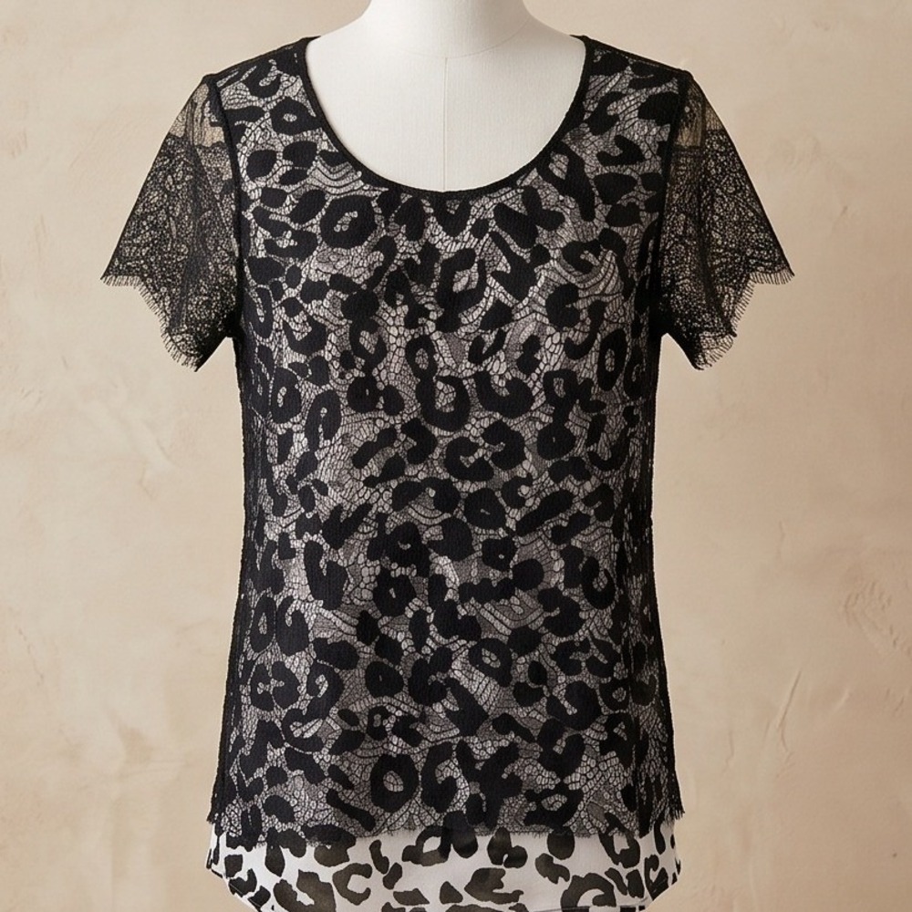 Chico's 2 Cheetah Chaser Lace Overlay Top Black Animal Print‎ Knit Large NWT